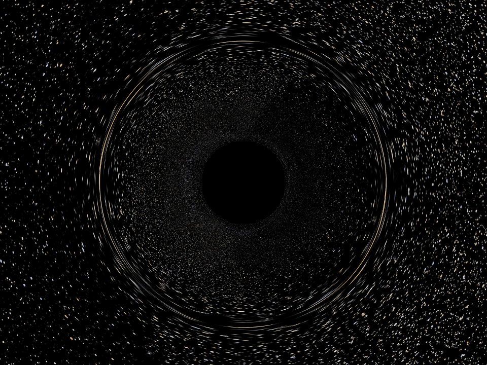 A raytraced image of the spacetime surrounding a black hole. Some interesting distortion effects can be seen here.