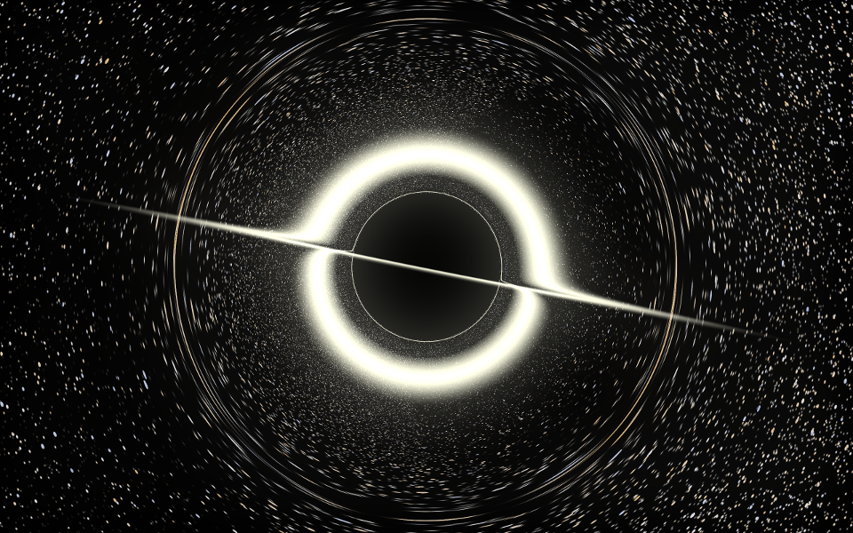 In this picture, the distortion ring around the black hole can be seen particularly well. Larger image